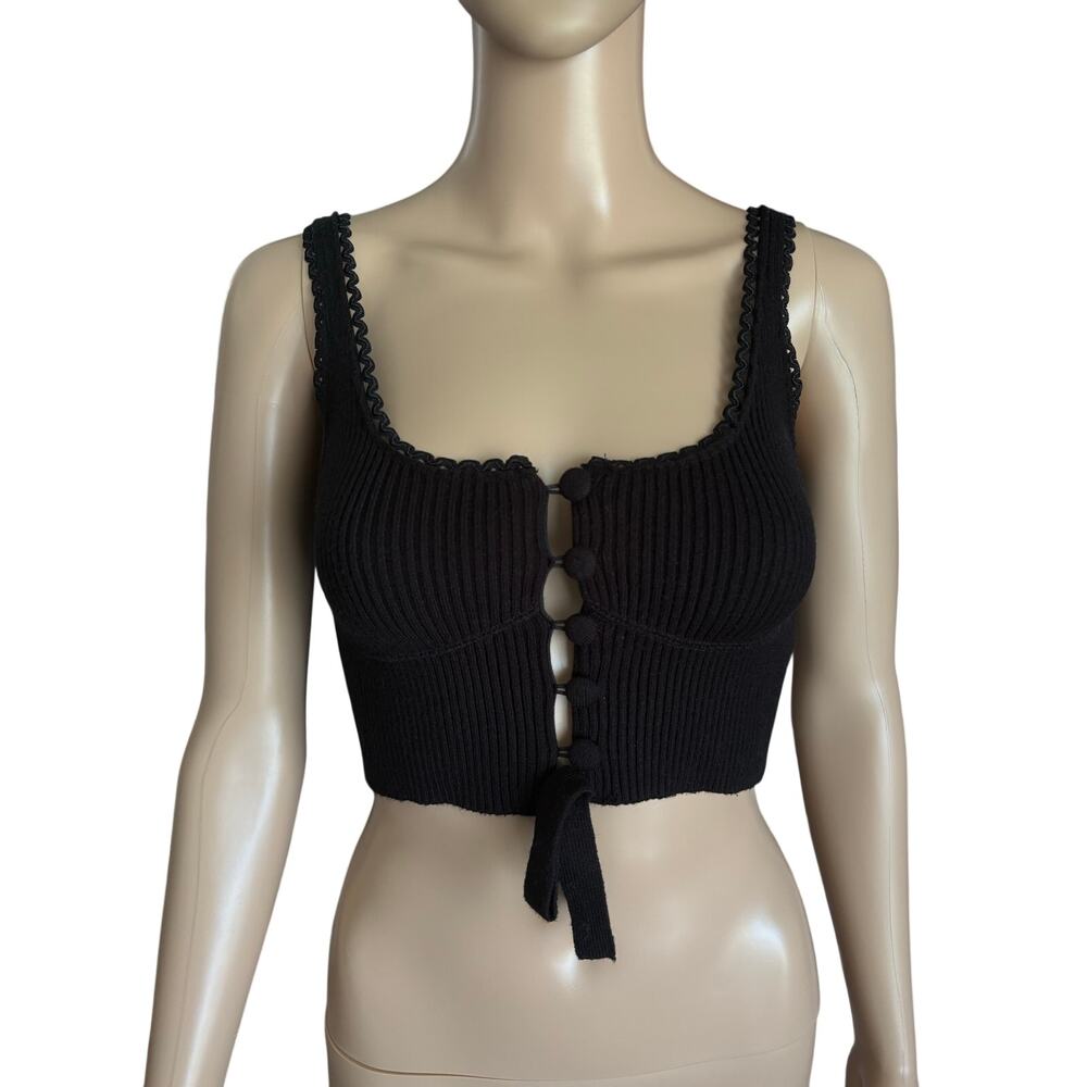 For Love & Lemons Rib Knit Button Crop Top Whimsigoth Balletcore XXS Black